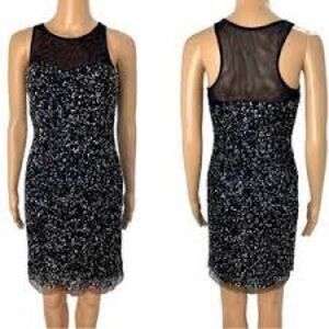 AIDAN MATTOX Size 12 Elegant Black Silver Sleeveless Mesh Sequins Dress.